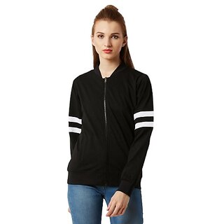 Miss Chase Women's Black Round Neck Full Sleeve Cotton Solid Stripe Detailing Bomber Jacket
