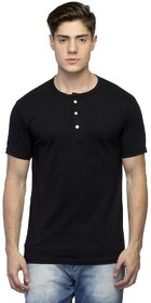 No Brand Mens Black Solid 100% Cotton Henley T-Shirt
