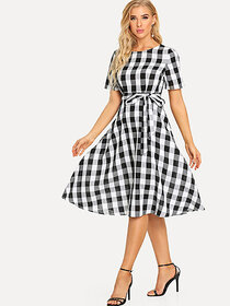 Code Yellow Women Black White Check Tie Waist Fit Flare Short Dress