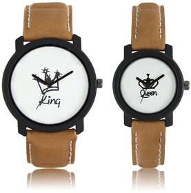 5star Round Dial Brown Leather Strap Analog Men's Women's Couple Watch - Lr-King Queen.