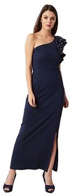 Miss Chase Women's Navy Blue One-Shoulder Sleeveless Cotton Solid Ruffled Pearl And Slit Detailing Maxi Bodycon Dress