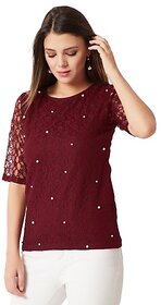 Miss Chase Women's Maroon Round Neck Half Sleeves Cotton Solid Lace And Pearl Detailing Top