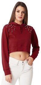 Miss Chase Women's Maroon Round Neck Full Sleeves Cotton Solid Pearl Detailing Hooded Boxy Crop Sweatshirt