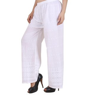 RamE Free Size (30-34) waist White colour Cotton Embroidery Palazzo for women