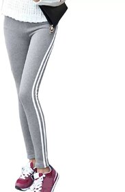 Women's White Double Narrow Side Stripe Stretchable Light Grey Leggings Yoga Gym Wear