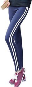 Women's White Double Narrow Side Stripe Stretchable Blue Leggings Yoga Gym Wear /Sport's Wear