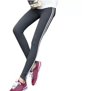 Women's White Double Narrow Side Stripe Stretchable Dark Grey Leggings Yoga Gym Wear /Sport's Wear