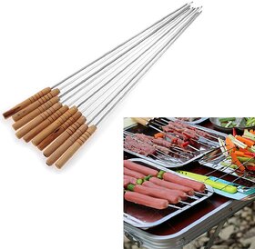 Right Traders Brown Stainless Steel Barbeque Skewers With Wood Handle Pack of 10