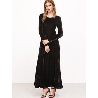 Code Yellow Women's Black Plain Velvet Winter Dress