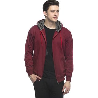 Lambency Men Maroon Solid Long Sleeve Hooded Casual Sweatshirt