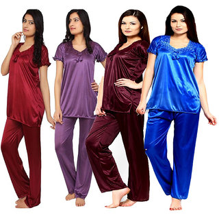 Riya women combo pack of top pajama or night dress satin