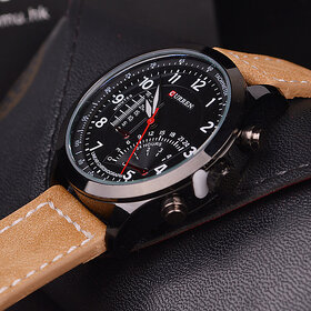 Curren Mens Black Analog Quartz Watch with Round Dial & Brown Leather Strap