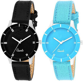 HRV CutGlass SkyBlue and Black pack of 2 Leather Women Watch