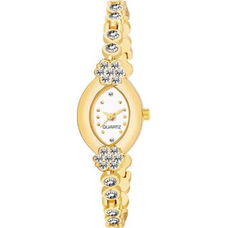 HRV Oval White Meena Diamond Gold Gift analog Women Watch