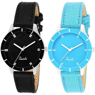 HRV CutGlass SkyBlue and Black pack of 2 Leather Women Watch