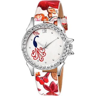 HRV REd Flower Print Belt Peacock Print Dial Women Analog Watch BY HRV