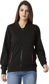 Miss Chase Women's Black Round Neck Full Sleeve Cotton Solid Multicolored Twill Tape Detailing Bomber Jacket