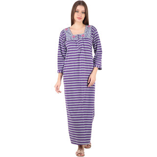 Kismat Fashion Winter Wear Woolen Hosiery Dark Purple Multi Color Long Nighty.