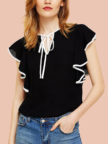 Code Yellow Women's Solid Black White Line Sleeves Crepe Ruffled Top