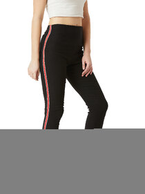 Miss Chase Women's Black High Waist Solid Fitted Twill Tape Detailing Regular Length Jeggings
