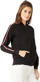 Miss Chase Women's Black Round Neck Full Sleeve Cotton Solid Zippered Twill Tape Detailing Bomber Jacket