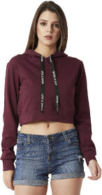 Miss Chase Women's Maroon Solid Round Neck Full Sleeve Hooded Boxy Graphic Twill Tape Detailing Crop Sweatshirt