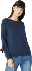 Miss Chase Women's Navy Blue Round Neck Full Sleeve Cotton Solid Eyelet And Twill Tape Detailing Tie-Up Drop Shoulder Boxy Sweatshirt.