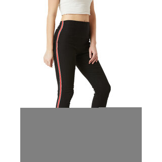 Miss Chase Women's Black High Waist Solid Fitted Twill Tape Detailing Regular Length Jeggings