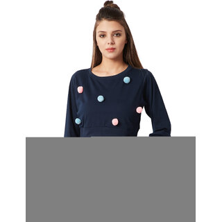 Miss Chase Women's Navy Blue Round Neck Full Sleeve Cotton Solid Boxy Pompom Detailing Crop Top.
