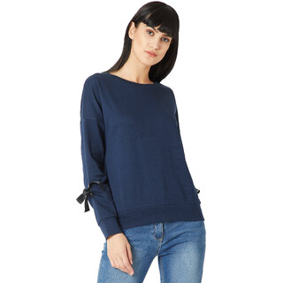 Miss Chase Women's Navy Blue Round Neck Full Sleeve Cotton Solid Eyelet And Twill Tape Detailing Tie-Up Drop Shoulder Boxy Sweatshirt.