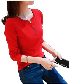 Women Full Sleeve V-Neck Plain Cotton Henley T shirt by Vivient