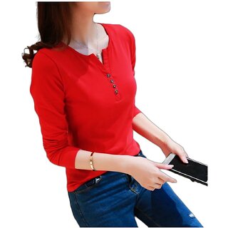 Women Full Sleeve V-Neck Plain Cotton Henley T shirt by Vivient