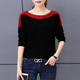 Code Yellow Women's Plain Black Red Shoulder Tee