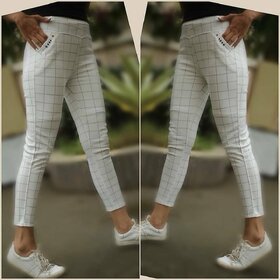Best Seller Imported White Color Check's Stretchable Pants / Jeggings /Gym Wear /Yoga Wear /Casual Wear /Sport's Wear