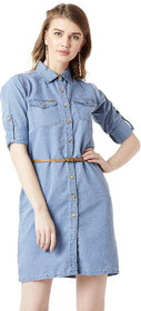 Miss Chase Women's Blue Polo Neck Rolled Up Full Sleeve Denim Solid Buttoned A-Line Mini Dress