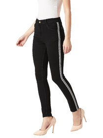 Miss Chase Women's Black Slim Fit Mid Rise Twill Tape Detailing Clean Look Acid Wash Crop Length Stretchable Denim Jeans