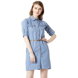 Miss Chase Women's Blue Polo Neck Rolled Up Full Sleeve Denim Solid Buttoned A-Line Mini Dress