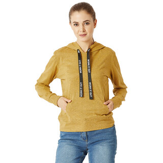 Miss Chase Women's Mustard Yellow Round Neck Full Sleeve Cotton Solid Hooded Twill Tape Detailing Sweatshirt.