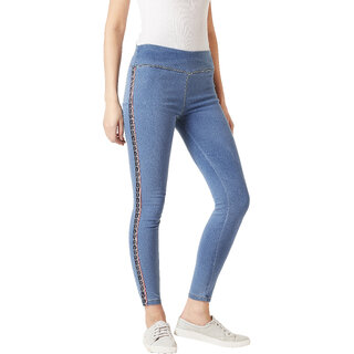 Miss Chase Women's Blue Super Skinny High Rise Clean Look Regular Length Twill Tape Detailing Solid Wash Stretchable Denim Jeggings