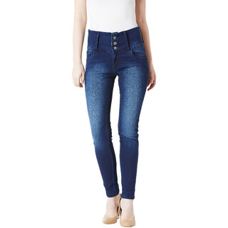 Miss Chase Women's Navy Blue Skinny Fit High Rise Clean Look Regular Length Stretchable High Waist Denim Jeans
