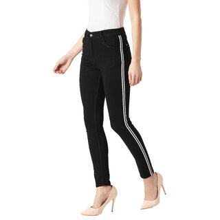 Miss Chase Women's Black Slim Fit Mid Rise Twill Tape Detailing Clean Look Acid Wash Crop Length Stretchable Denim Jeans