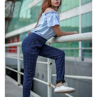 Best Seller Imported Blue Color Check's Stretchable Pants / Jeggings /Gym Wear /Yoga Wear /Casual Wear /Sport's Wear
