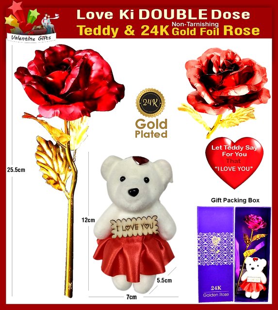 Buy 24K Golden/Red Rose with I Love You Teddy Bear , Gift Box and Carry ...