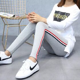 Light Grey Women's Red and Black  Narrow Side Stripe Stretchable Blue Leggings Yoga Gym Wear /Sport's Wear
