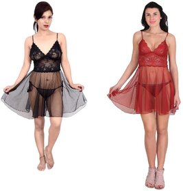 Kismat Fashion Sexy & Stylish Net Babydoll Nighty With Panty Set Pack Of Two Babydoll