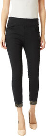 Miss Chase Women's Black Super Skinny High Rise Regular Length Embellished Clean Look Denim Stretchable Jeggings