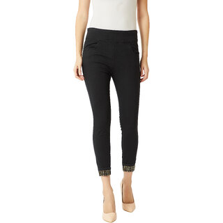 Miss Chase Women's Black Super Skinny High Rise Regular Length Embellished Clean Look Denim Stretchable Jeggings