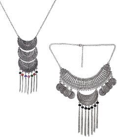 Minha combo of2 Fashion Jewellery Bohemia Gypsy Tibetan Vintage Coin Necklace for Girls & Women(Silver)