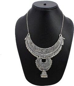 Minha Afghani Tribal Antique Boho Oxidised Silver Necklace for Girls