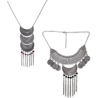 Minha combo of2 Fashion Jewellery Bohemia Gypsy Tibetan Vintage Coin Necklace for Girls & Women(Silver)